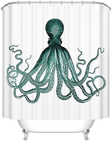 CHARM HOME Octopus Print Kraken Ocean Mildew Resistant Waterproof 100% Polyester Fabric Shower Curtains, Green and White