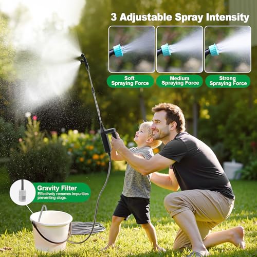 SYLSTAR Battery Powered Sprayer 8M Hose, 26.2inch Electric Weed Sprayer Wand, 3 Adjustable Spraying Force & Battery Indicator, 4 Nozzles, 7.4V Rechargeable Garden Lawn Plant Spray Handle