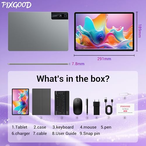 PIXGOOD 3K Tablet 13 Inches with Android 15, 36GB RAM, 512GB ROM (Extension 2TB), 4G Lte-----5G WiFi, 2940*1840UHD, 11580mAh, G99 2.2GHz, 13MP + 8MP, Touch Tablet with Keyboard, GPS4 Speaker, Grey