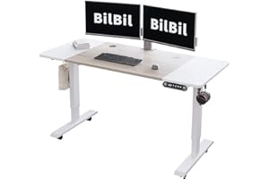 bilbil 55 x 24 Inches Height Adjustable Electric Standing Desk, Smart Home Office Sit Stand Table with Splice Board, Casters with Brake, White Frame/White and Oak Top