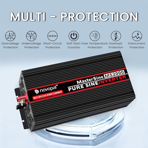 Novopal 2000W Pure Sine Wave Power Inverter DC 12 V in AC 220 V with 2 EU Socket, 1 USB, 5 M Remote Control, Suitable for Houses, Motorhomes, Trucks, Peak 4000 W