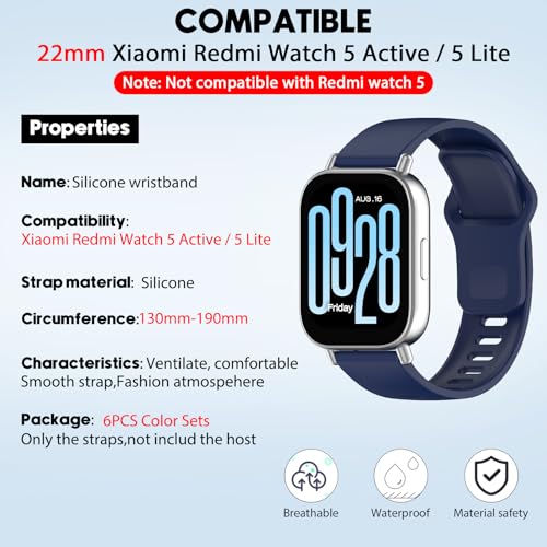 BDIG Strap Compatible with Xiaomi Watch Xiaomi Redmi Watch 5 Active/5 Lite Bracelet, 6 Pieces Soft Silicone Sports Bracelets Compatible with Redmi Watch 5 Active Men Women