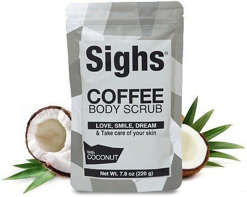 SIGHS Coffee Face and Body Scrub with Coconut- Natural, Organic, Vegan, Great Facial Mask, and Treatment for Cellulite, Stretchmarks, Eczema, Psoriasis. Amazing Exfoliation for Acne and Sensitive Skin