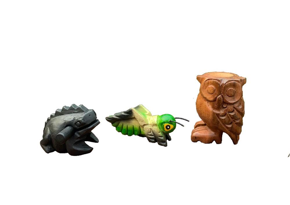 Wooden Percussion 3 Piece Set Frog, Cricket and Owl, 3 Inches