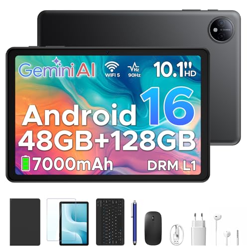 Luzglo P10 Android 16 Tablet 10 Pollici, 48GB RAM+128GB ROM/2TB TF, Gemini AI, 90Hz, 7000mAh, WiFi 5, Face ID, OTG, Jack 3,5 mm, Widevine L1, Tablet con Tastiera e Penna, Nero