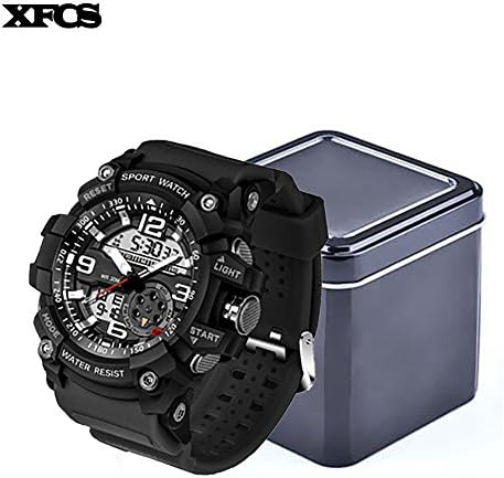 XFCS Men's Watches Digital Sports Military Watch Silicone Band Waterproof LED Military Sport Dual Display Wristwatch(With Retail Metal Box)-BLACK