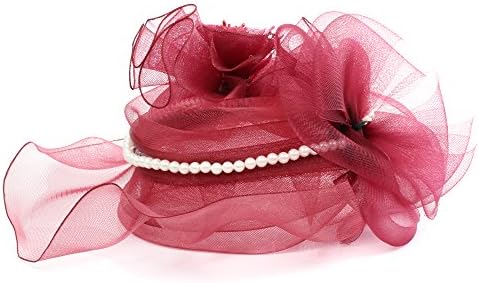 Women's Kentucky Derby Church Dress Organza Hat with Artificial Pearl (Wine Red)