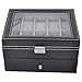 Watch Box Black Leather Display Glass Top Jewelry Case Organizer, 20 Grid