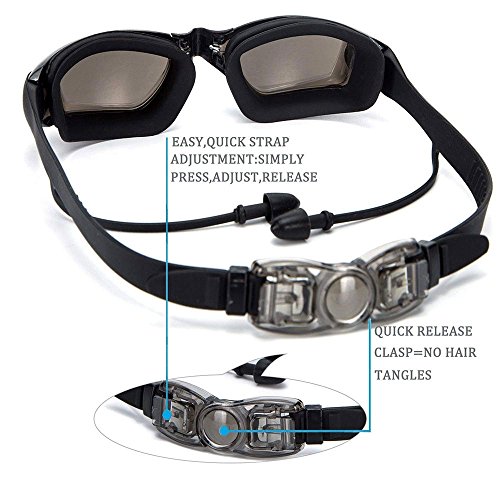 Linwnil Swim Goggles,Swimming Goggles with Mirror Lens for Men Women Adult Youth Kids Girls Anti Fog No Leaking with Earplugs,Nose Clips, and Case (Black/1Pack) - Thumbnail 3