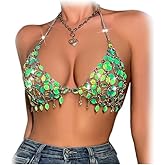 Panxly Summer Beach Sequin Backless Crop Tank Tops for Women Sexy Sparkly Hollow Out Outfit Glitter Bra Tops Festival Rave Body Chain Jewelry (Green)