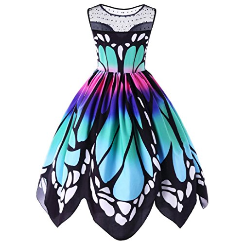 Funic Plus Size Women's Butterfly Printing Sleeveless Party Dress Vintage Swing Lace Dresses Summer Casual Daily Dress (2XL, Multicolor)