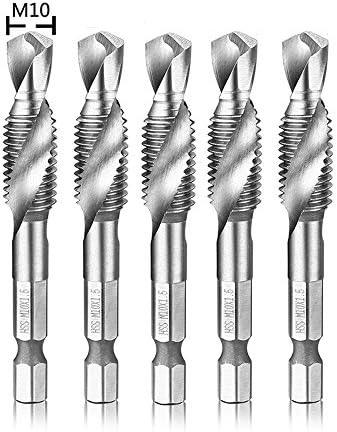 Hymnorq 5-Piece M10 x 1.5 Combination Tap and Drill Bit Set for Tapping in Wood Plastic Iron Aluminum, Fully Ground, High-Speed Steel, 118° Split Point, Dual Twist Flute, 1/4" Hex Shank