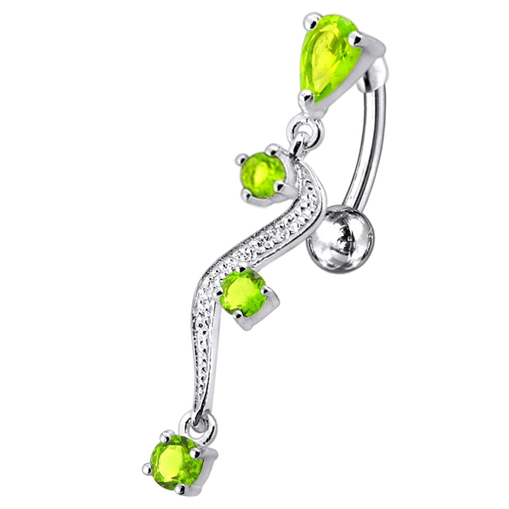 CZ Crystal Stone Curved Branch Dangling Reverse Bar 925 Sterlingl Silver Belly Ring Body Jewelry