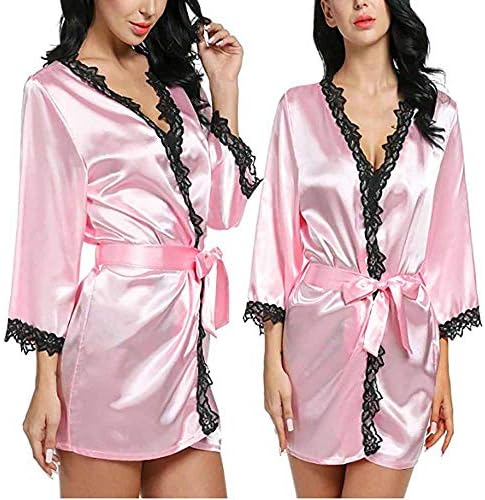Women Sexy Silk Dressing Babydoll Lace Lingerie Belt Bath Robe Nightwear