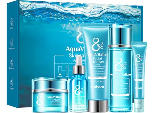 QUIYUM AquaVitalize 8X H2O Complete Face Skincare Kit, Women's Beauty Routine Gift Set, 5 Pieces with Cleanser, Tonic, Eye Cream, Serum, Moisturizing Face Cream