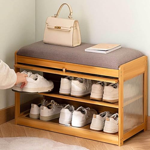 Bamboo Shoe Bench, 3-Tier Shoe Bench Cabinet with Cushion, Dust-Blocking Acrylic Doors, Shoe Organizer Storage Rack for Entryway, Hallway, Living Room, Bedroom