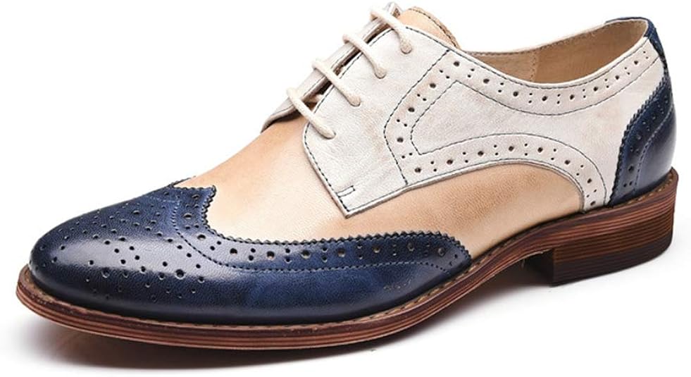 OOFAN Damen Leder Oxfords Perforierte Lace-Up Wingtip Low Heel Carving