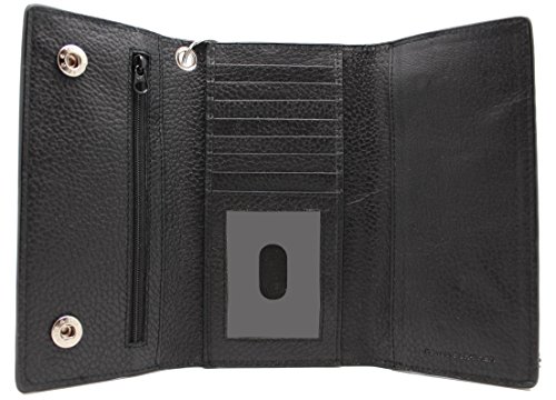 Men's Biker Black Leather Long Tri-fold Steel Chain Checkbook Wallet 312 Water Resistant