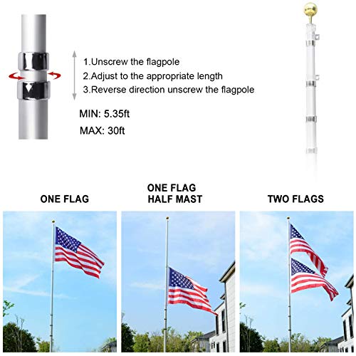 Klvied 30FT Telescopic Flag Pole, Heavy Duty Aluminum Flagpole Kit Fly