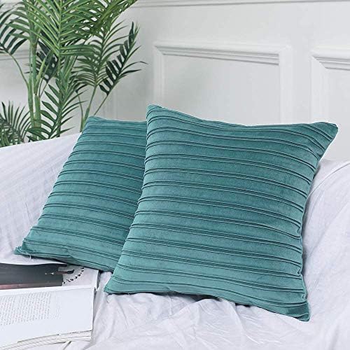 HANGOOD Soft Velvet Decorative Throw Pillow Covers Cases Cushion Covers 18x18 inch Stripe 45cm x 45cm Set of 2pcs Teal Green