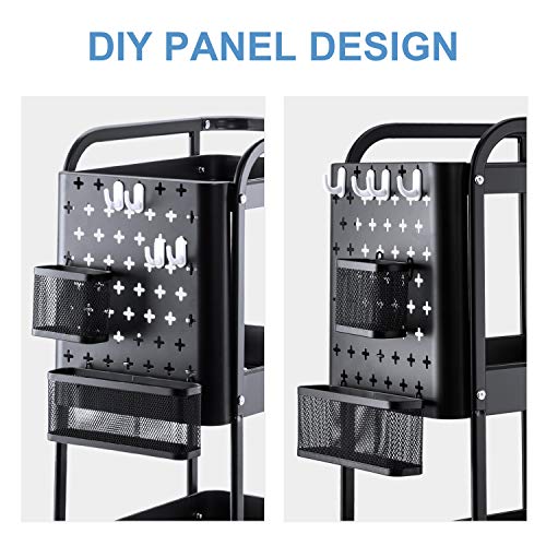 Titan Mall Metal Storage Rolling Cart, 3-Tier Organizer Cart with Removable Pegboard Hooks and Utility Handle for Kitchen Office Classroom, Black - Thumbnail 2