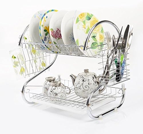 Chawind 2-Tier Dish Drainer drying Rack and DrainBoard, Kitchen Chrome Rustproof Dish Cup Drying Rack Drainer Dryer Tray Cultery Holder Organizer