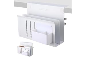 LUKETURE Desk Side Storage, 2 Tier Steel Side Desk Organizer, No Drill Laptop Holder, Clamp on Laptop Mount with Pen Holder, Fits Flat Edge Tables 0.3" to 2.8" (White, L(2 Tier))