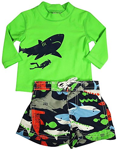 Carters - Little Boys 2 Piece SPF 50 Shark Swimsuit Set, Neon Green, Navy 35832-6