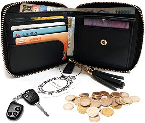 NEWANIMA Coin Purse Leather Foldable Women Zipper Wallet Short Bag Pocket Card Holder With Tassels (Black)