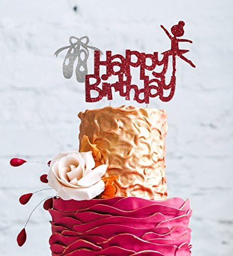 Happy Birthday Ballerina Cake Topper - Glittery Dark Pink and Silver Ballet Dancer and Shoe Cake Decoration