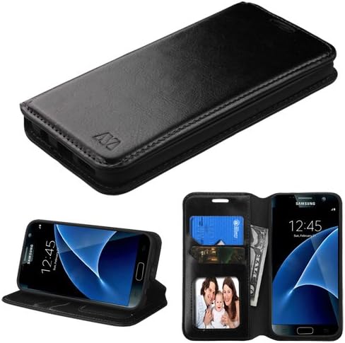 For Samsung Galaxy S7 Leather Flip Wallet Book Style Pouch Folio Case Cover Stand with Credit Card Slots & Disinfecting Alcohol Pad V|3 (Black)