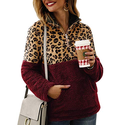 51j0nMIsroL TSWRK Sudadera de manga larga para mujer, estampado de leopardo, cremallera 1/4, patchwork, chaqueta de felpa TSWRK Sudadera de manga larga para mujer, estampado de leopardo, cremallera 1/4, patchwork, chaqueta de felpa