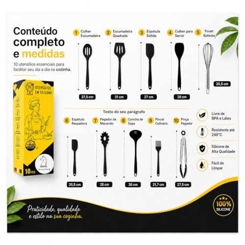 Conjunto CINZA Utensílios Jogo Kit Profissional 10 Peças Cozinha Silicone Resistente a Altas Temperaturas Antiriscos BPA Free Colher Espátula X-MATTE