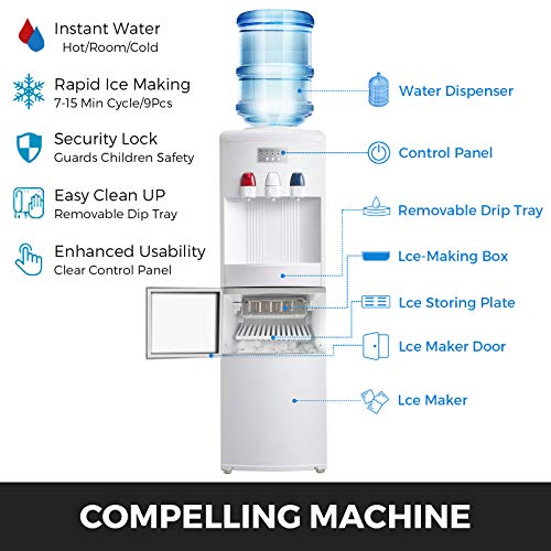 VEVOR 2 In 1 Water Dispenser w/Built-in Ice Maker Machine Hot and Cold Top 3-5 Gallon Bottle Electric Hot Cold Water Cooler Dispenser White