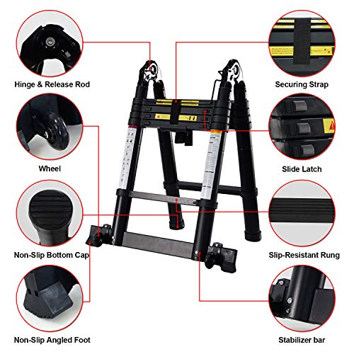 charaHOME Aluminum Telescoping Ladder 10.5ft Multipurpose A-Frame Folding Telescopic Extension Ladder Lightweight Portable Telescope Ladder Folding with Support Bar Non-Slip 330 lb Load Capacity