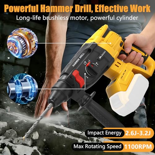 WingFly Cordless Rotary Hammer for Dewalt 18V 20V Impact Energy 3.2J with 3 SDS-plus Drilling Up to 28mm Brushless Hammer Motor Handle