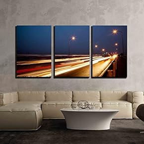 3 Piece Canvas Wall Art - Street at Night with Cars Running Back and Forth on The Bridge. - Modern Home Art Stretched and Framed Ready to Hang - 16"x24"x3 Panels