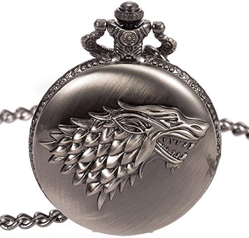VanPro Gray Tone Honorable Stark House Wolf Quartz Pocket Watch Pendant Game of Thrones Theme Long Chain