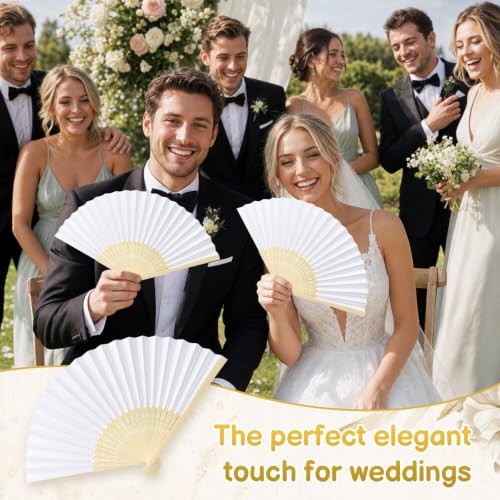 Coicok 12 x Wedding Fans, White Folding Wooden Paper Fans, Customisable Pack with 12 Organza Gift Bags, Japanese Fan for Wedding, Guest, Dance Party Decoration