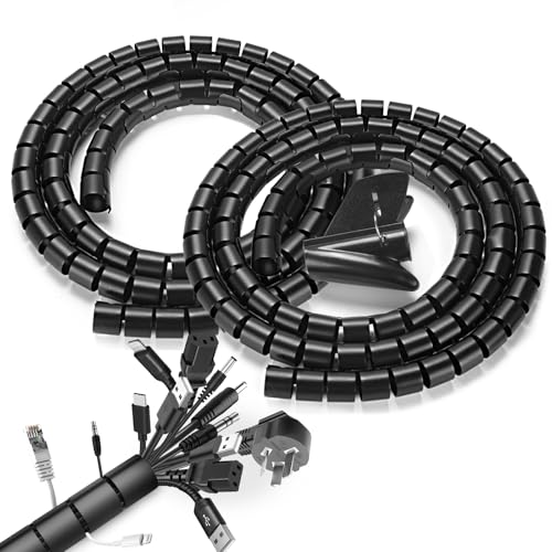 Romon 2 Pezzi Raccoglicavi Spiralato, 22mm*3 Metri*1, 28mm*3 Metri*1 Flessibile Raccogli Cavi, con 1 Fermaglio Guidafilo, Copri Cavi Elettrici per TV Computer Ufficio Casa Auto,Nero