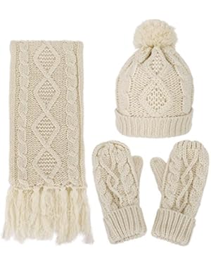 3 in 1 Women Soft Warm Thick Cable Knitted Hat Scarf & Gloves Winter Set
