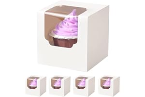 Shallive White Cupcake Boxes Individual 15 Count Pre-Assembled with Window and Inserts, Individual Cupcake Containers Auto-Popup for Wedding Baby Shower Mothers Day Birthday 3.5" x 3.5" x 3.5"