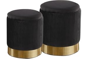 YYW HOME Round Ottoman with Storage Set of 2 Black Velvet Storage Ottoman for Living Room and Bedroom, Round Storage Ottoman, Ottoman Chair, Gold Ottoman with Storage, (Black)