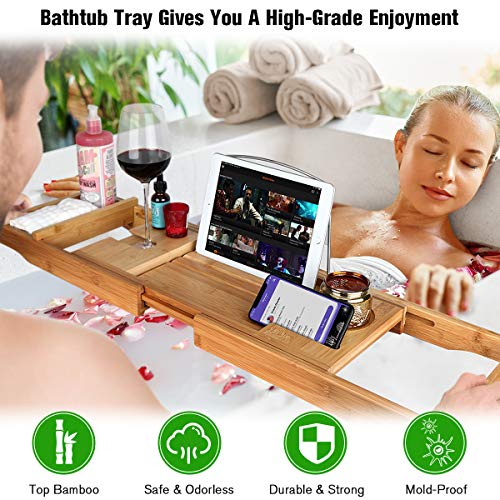 Bathtub Tray Caddy,Bamboo Bathtub Caddy Organizer with Wine Glass and Book Reading Holder ipad Adjustable Extending Sides,Bath Tray Table Accessories for Tub Shower,Free Soap Holder,Extra Wide Board