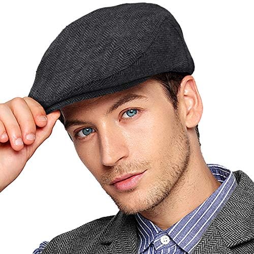 LADYBRO Newsboy Cap for Men Black Herringbone Tweed Wool Blend