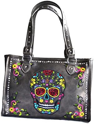 sugar skull day of the dead embroidery gun concealed carry handbag purse (GRAY)