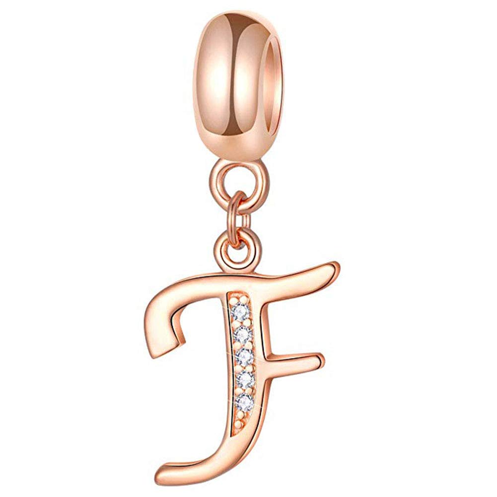 925 Sterling Silver Rose Gold Charm Alphabet Charm Love Charm Anniversary Charm Birthday Charm for Pandora Charm Bracelet (F)