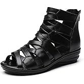 AngryMonkey Women Black Leather High Top Gladiator Sandals,Summer Peep Toe Hollow Back Zipper Dressy Flat Roman Sandals Wedges Sandals