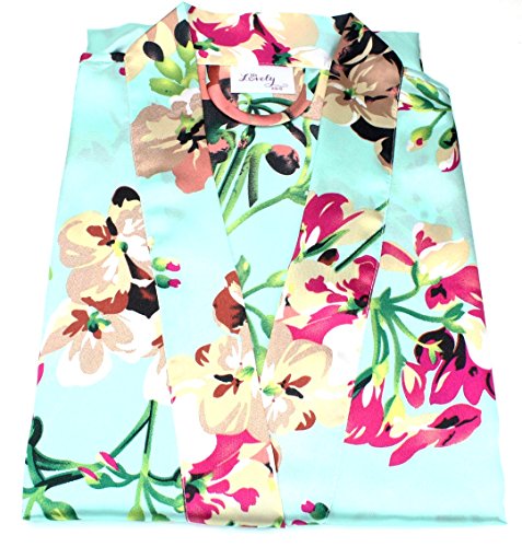 Ms Lovely Women's Floral Satin Bridesmaid Robe Short Kimono W/Pockets for Bridal Party - Light Blue XS/S