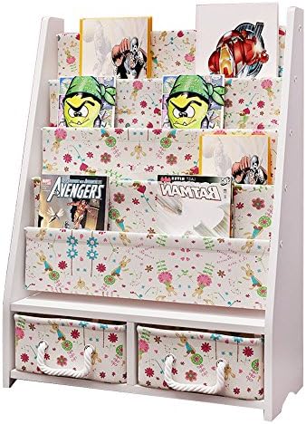 Kids Bookshelf Book Rack Organizer Storage with 2 Pack Foldable Storage Cube Basket Bin - White Rabbit